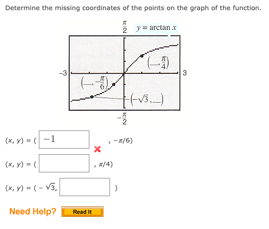Determine the missing coordinates of the points on the graph of the function.
(x, y) = (-1
(x, y) = (
(x, y) = (-√3,
Need Help?
co
(---)
Read It
X
, π/4)
TC
2 y = arctan x
)
+(-√3₁_)
RIN
, - π/6)
2
3)
