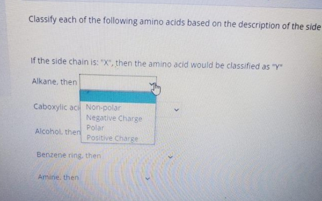 Classify each of the following amino acids based on the description of the side
If the side chain is: "X", then the amino acid would be classified as "Y"
Alkane, then
Caboxylic aci Non-polar
Negative Charge
Polar
Alcohol, then
Positive Charge
Benzene ring. then
Amine, then
