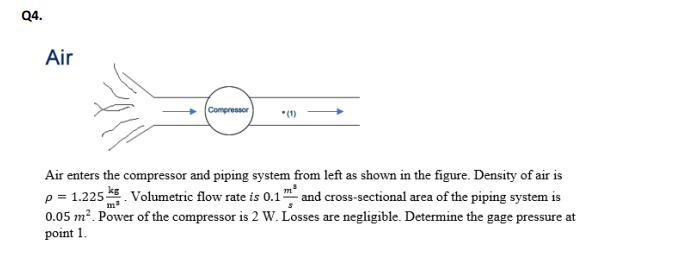 Q4.
Air
Compressor
*(1)
Air enters the compressor and piping system from left as shown in the figure. Density of air is
p = 1.225
0.05 m². Power of the compressor is 2 W. Losses are negligible. Determine the gage pressure at
point 1.
. Volumetric flow rate is 0.1 and cross-sectional area of the piping system is
