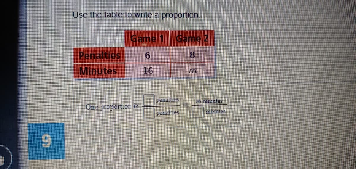 Use the table to write a proportion.
Game 1
Game 2
Penalties
8.
Minutes
16
m
penalties
722 minutes
One proportion is
penalties
minutes
9.
