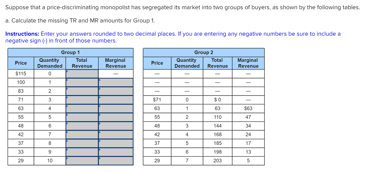 Suppose that a price-discriminating monopolist has segregated its market into two groups of buyers, as shown by the following tables.
a. Calculate the missing TR and MR amounts for Group 1.
Instructions: Enter your answers rounded to two decimal places. If you are entering any negative numbers be sure to include a
negative sign (-) in front of those numbers.
Group 1
Group 2
Quantity
Demanded
Total
Quantity
Demanded
Total
Marginal
Revenue
Marginal
Revenue
Price
Price
Revenue
Revenue
$115
100
1
83
71
3
$71
$ 0
63
4
63
1
63
$63
55
55
2
110
47
48
6.
48
3
144
34
42
7
42
4
168
24
37
8
37
5
185
17
33
9.
33
6.
198
13
29
10
29
7
203
LO
