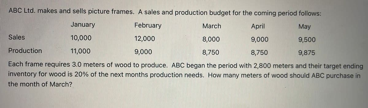 ABC Ltd. makes and sells picture frames. A sales and production budget for the coming period follows:
January
February
March
April
May
Sales
10,000
12,000
8,000
9,000
9,500
Production
11,000
9,000
8,750
8,750
9,875
Each frame requires 3.0 meters of wood to produce. ABC began the period with 2,800 meters and their target ending
inventory for wood is 20% of the next months production needs. How many meters of wood should ABC purchase in
the month of March?
