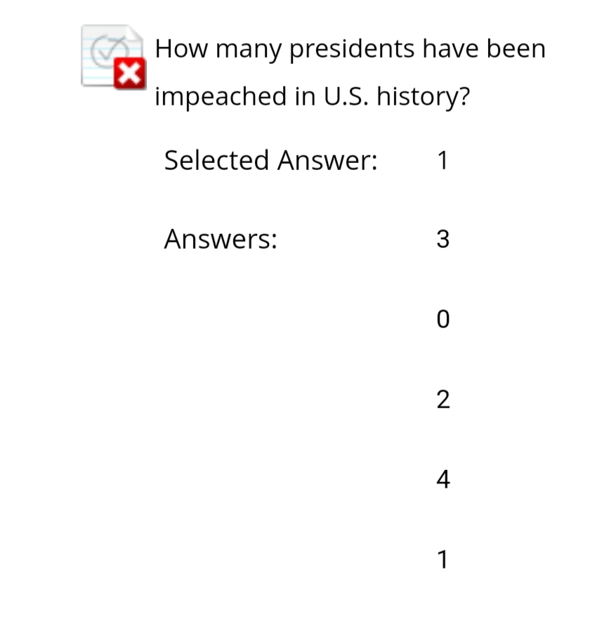 [x]
How many presidents have been
impeached in U.S. history?
Selected Answer:
Answers:
1
3
0
2
4
1