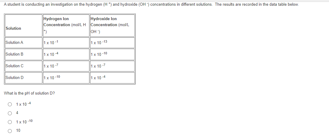 A student is conducting an investigation on the hydrogen (H *) and hydroxide (OH -) concentrations in different solutions. The results are recorded in the data table below.
Hydrogen lon
Concentration (mol/L H
Hydroxide lon
Concentration (mol/L
Solution
OH )
Solution A
1 x 10 -1
1x 10 -13
Solution B
1x 10 -4
1x 10 -10
Solution C
1 x 10 -7
1 x 10 -7
Solution D
1 x 10 -10
1 x 10 -4
What is the pH of solution D?
O 1x 10 -4
4
1x 10 -10
O 10
