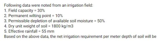 Following data were noted from an irrigation field:
1. Field capacity = 30%
2. Permanent wilting point = 10%
3. Permissible depletion of available soil moisture = 50%
4. Dry unit weight of soil = 1800 kg/m3
5. Effective rainfall = 55 mm
Based on the above data, the net irrigation requirement per meter depth of soil will be
