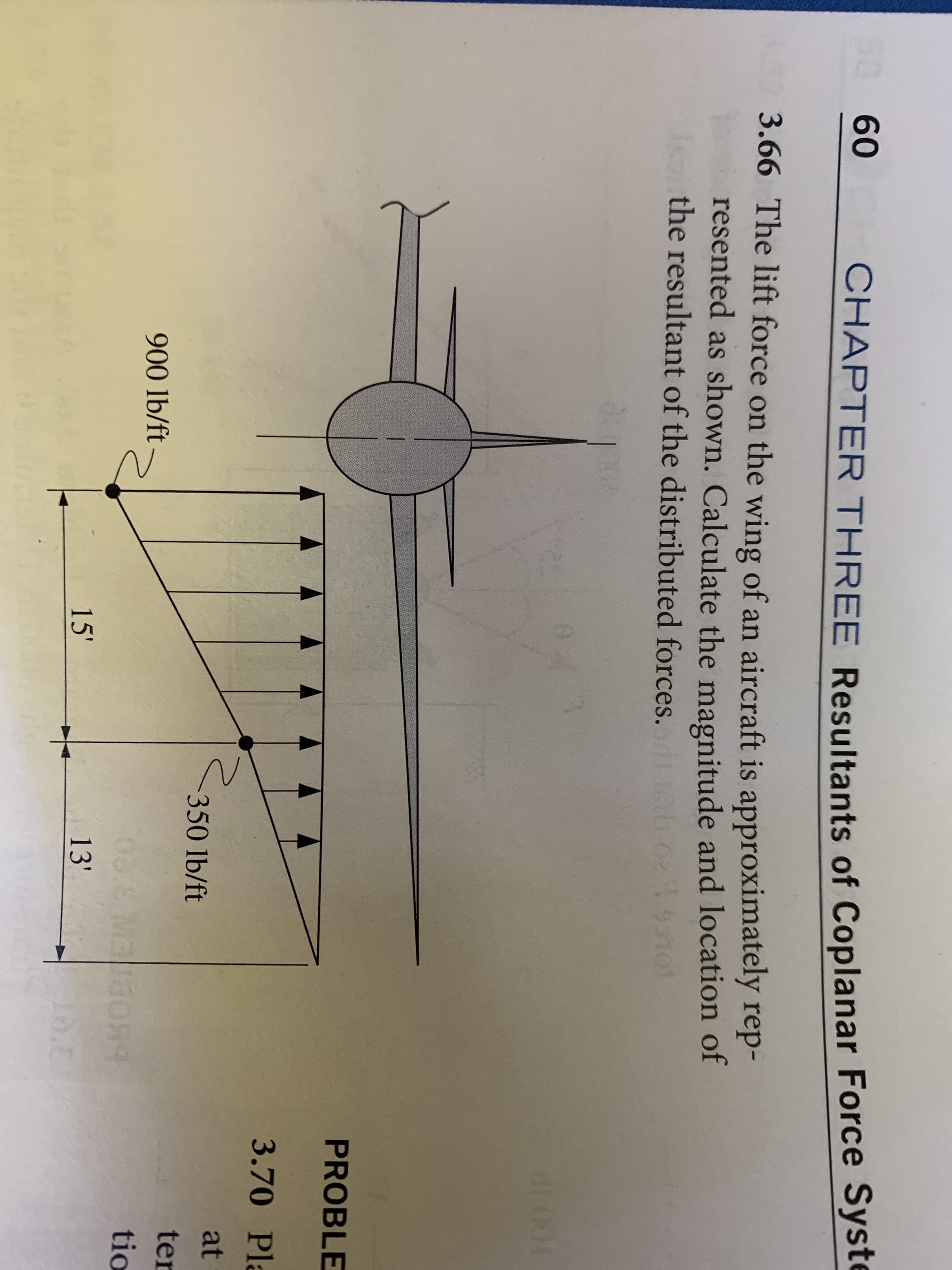 The lift force on the wing of an aircraft is approximately rep-
resented as shown. Calculate the magnitude and location of
the resultant of the distributed forces.
