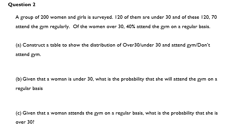 Question 2
A group of 200 women and girls is surveyed. 120 of them are under 30 and of these 120, 70
attend the gym regularly. Of the women over 30, 40% attend the gym on a regular basis.
(a) Construct a table to show the distribution of Over30/under 30 and attend gym/Don't
attend gym.
(b) Given that a woman is under 30, what is the probability that she will attend the gym on a
regular basis
(c) Given that a woman attends the gym on a regular basis, what is the probability that she is
over 30?
