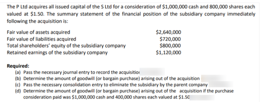 The P Ltd acquires all issued capital of the S Ltd for a consideration of $1,000,000 cash and 800,000 shares each
valued at $1.50. The summary statement of the financial position of the subsidiary company immediately
following the acquisition is:
Fair value of assets acquired
Fair value of liabilities acquired
Total shareholders' equity of the subsidiary company
Retained earnings of the subsidiary company
$2,640,000
$720,000
$800,000
$1,120,000
Required:
(a) Pass the necessary journal entry to record the acquisitioi
(b) Determine the amount of goodwill (or bargain purchase) arising out of the acquisition
(c) Pass the necessary consolidation entry to eliminate the subsidiary by the parent company
(d) Determine the amount of goodwill (or bargain purchase) arising out of the acquisition if the purchase
consideration paid was $1,000,000 cash and 400,000 shares each valued at $1.50
