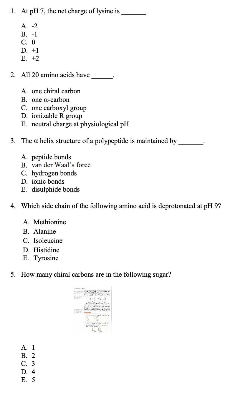 1. At pH 7, the net charge of lysine is
A. -2
В. -1
С. О
D. +1
Е. +2
2. All 20 amino acids have
A. one chiral carbon
В. one a-carbon
C. one carboxyl group
D. ionizable R group
E. neutral charge at physiological pH
3. The a helix structure of a polypeptide is maintained by
A. peptide bonds
B. van der Waal's force
C. hydrogen bonds
D. ionic bonds
E. disulphide bonds
4. Which side chain of the following amino acid is deprotonated at pH 9?
A. Methionine
B. Alanine
C. Isoleucine
D. Histidine
Е. Тyгosine
5. How many chiral carbons are in the following sugar?
А. 1
В. 2
С. 3
D. 4
Е. 5
