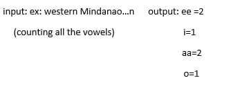 input: ex: western Mindanao.n output: ee =2
(counting all the vowels)
i=1
aa=2
o=1

