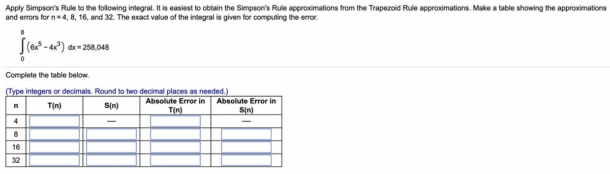 Apply Simpson's Rule to the following integral. It is easiest to obtain the Simpson's Rule approximations from the Trapezoid Rule approximations. Make a table showing the approximations
and errors for n = 4, 8, 16, and 32. The exact value of the integral is given for computing the error.
8
(6x5 - 4x³) dx = 258,048
0
Complete the table below.
(Type integers or decimals. Round to two decimal places as needed.)
Absolute Error in
n
T(n)
S(n)
Absolute Error in
S(n)
T(n)
st
8
16
32