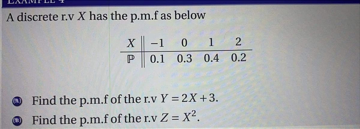 A discrete r.v X has the p.m.f as below
-1
1
P
0.1
0.3 0.4 0.2
O Find the p.m.f of the r.v Y = 2X+3.
(A)
O Find the p.m.f of the r.v Z = x?.
%3|
(в)
