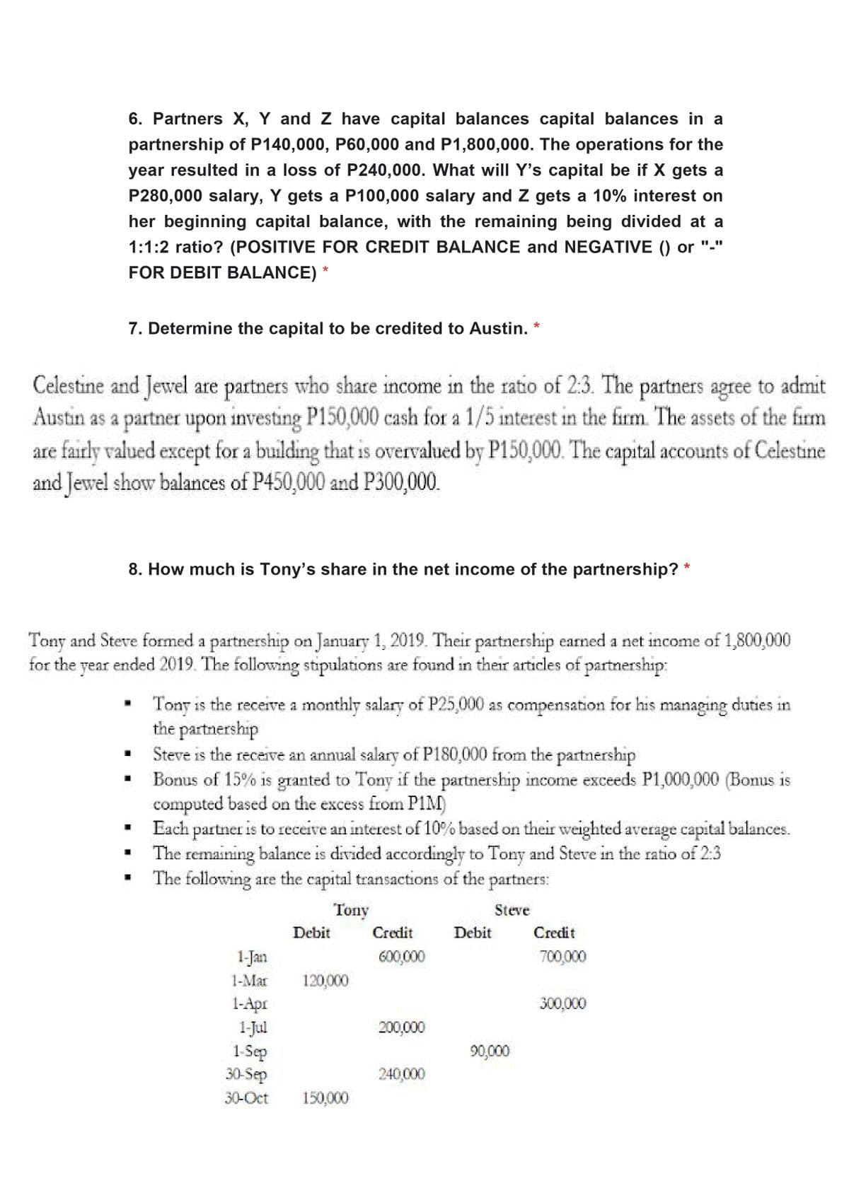 6. Partners X, Y and Z have capital balances capital balances in a
partnership of P140,000, P60,000 and P1,800,000. The operations for the
year resulted in a loss of P240,000. What will Y's capital be if X gets a
P280,000 salary, Y gets a P100,000 salary and Z gets a 10% interest on
her beginning capital balance, with the remaining being divided at a
1:1:2 ratio? (POSITIVE FOR CREDIT BALANCE and NEGATIVE () or
II II
FOR DEBIT BALANCE)
7. Determine the capital to be credited to Austin. *
Celestine and Jewel are partners who share income in the ratio of 2:3. The partners agree to admit
Austin as a partner upon investing P150,000 cash for a 1/5 interest in the firm. The assets of the firm
are fairly valued except for a building that is overvalued by P150,000. The capital accounts of Celestine
and Jewel show balances of P450,000 and P300,000.
8. How much is Tony's share in the net income of the partnership? *
Tony and Steve formed a partnership on January 1, 2019. Their partnership earned a net income of 1,800,000
year ended 2019. The following stipulations are found in their articles of partnership:
for the
Tony is the receive a monthly salary of P25,000 as compensation for his managing duties in
the partnership
Steve is the receive an annual salary of P180,000 from the partnership
Bonus of 15% is granted to Tony if the partnership income exceeds P1,000,000 (Bonus is
computed based on the excess from P1M)
Each partner is to receive an interest of 10% based on their weighted average capital balances.
The remaining balance is divided accordingly to Tony and Steve in the ratio of 2:3
The following are the capital transactions of the partners:
111
Tony
Steve
Debit
Credit
Debit
Credit
1-Jan
G00,000
700,000
1-Mar
120,000
1-Apr
1-Jul
1-Sep
30-Sep
300,000
200,000
90,000
240,000
30-Oct
150,000
