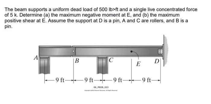 The beam supports a uniform dead load of 500 lb>ft and a single live concentrated force
of 5 k. Determine (a) the maximum negative moment at E, and (b) the maximum
positive shear at E. Assume the support at D is a pin, A and C are rollers, and B is a
pin.
A
B
C
D
E
-9 ft-
-9 ft-
-9 ft-
06 PROB 023
-9 ft-