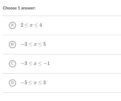 Choose 1 answer:
A 2 < x < 4
-3 < x < 5
-3 < x < -1
D -5 <x < 3
B.
