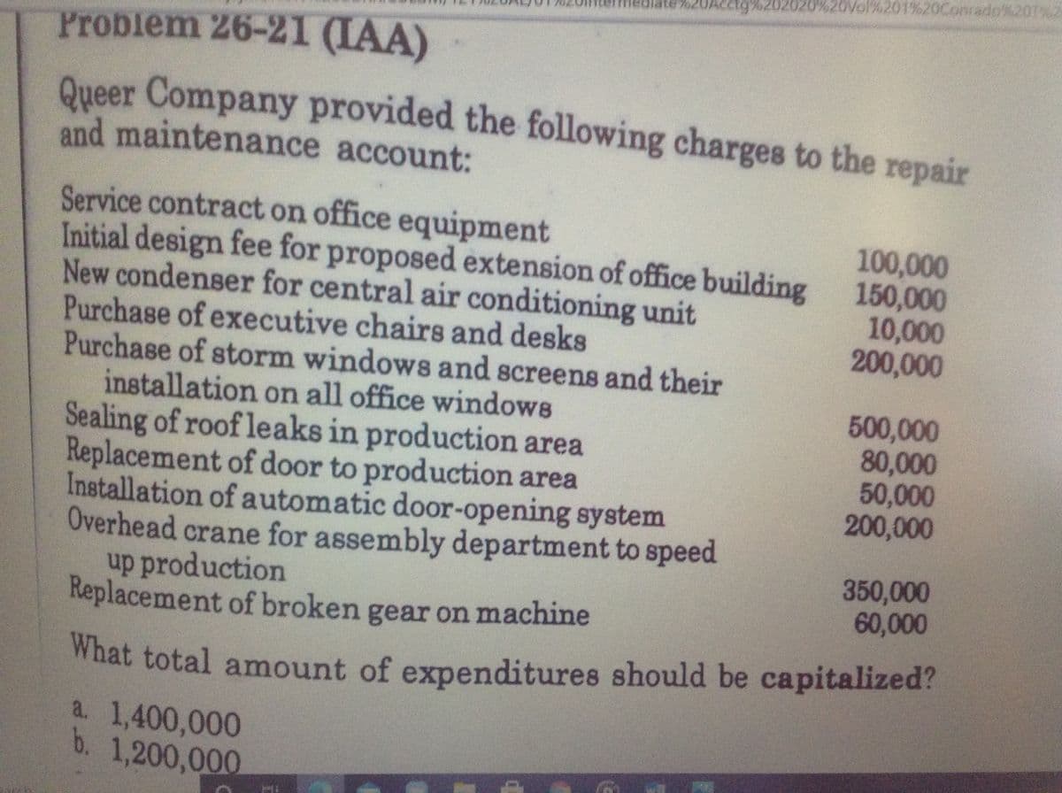 20Acctg%202020%20Vol%201%20Conrado'%201%2
Problem 26-21 (IAA)
Queer Company provided the following charges to the repair
and maintenance account:
Service contract on office equipment
Initial design fee for proposed extension of office building
New condenser for central air conditioning unit
Purchase of executive chairs and desks
Purchase of storm windows and screens and their
installation on all office windows
Sealing of roof leaks in production area
Replacement of door to production area
Installation of automatic door-opening system
Overhead crane for assembly department to speed
up production
Replacement of broken gear on machine
100,000
150,000
10,000
200,000
500,000
80,000
50,000
200,000
350,000
60,000
What total amount of expenditures should be capitalized?
a. 1,400,000
b. 1,200,000
