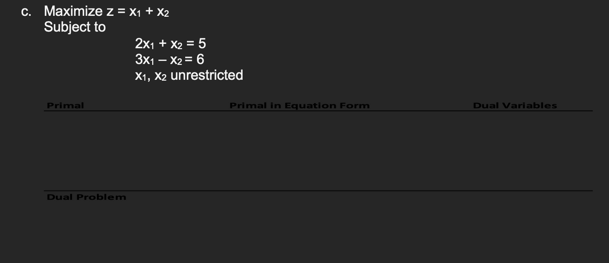 c. Maximize z = X₁ + X2
Subject to
Primal
Dual Problem
2x1 + x₂ = 5
3x1 - x2 = 6
X₁, X2 unrestricted
Primal in Equation Form
Dual Variables