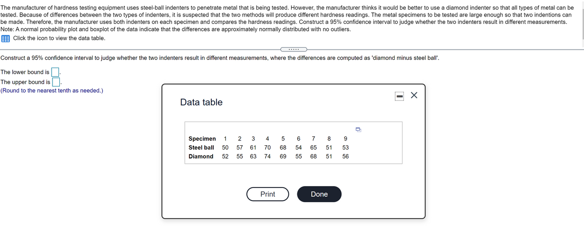 The manufacturer of hardness testing equipment uses steel-ball indenters to penetrate metal that is being tested. However, the manufacturer thinks it would be better to use a diamond indenter so that all types of metal can be
tested. Because of differences between the two types of indenters, it is suspected that the two methods will produce different hardness readings. The metal specimens to be tested are large enough so that two indentions can
be made. Therefore, the manufacturer uses both indenters on each specimen and compares the hardness readings. Construct a 95% confidence interval to judge whether the two indenters result in different measurements.
Note: A normal probability plot and boxplot of the data indicate that the differences are approximately normally distributed with no outliers.
Click the icon to view the data table.
.....
Construct a 95% confidence interval to judge whether the two indenters result in different measurements, where the differences are computed as 'diamond minus steel ball'.
The lower bound is
The upper bound is
(Round to the nearest tenth as needed.)
Data table
Specimen
1
2
4
7
8
9.
Steel ball
50
57
61
70
68
54
65
51
53
Diamond
52
55
63
74
69
55
68
51
56
Print
Dor
