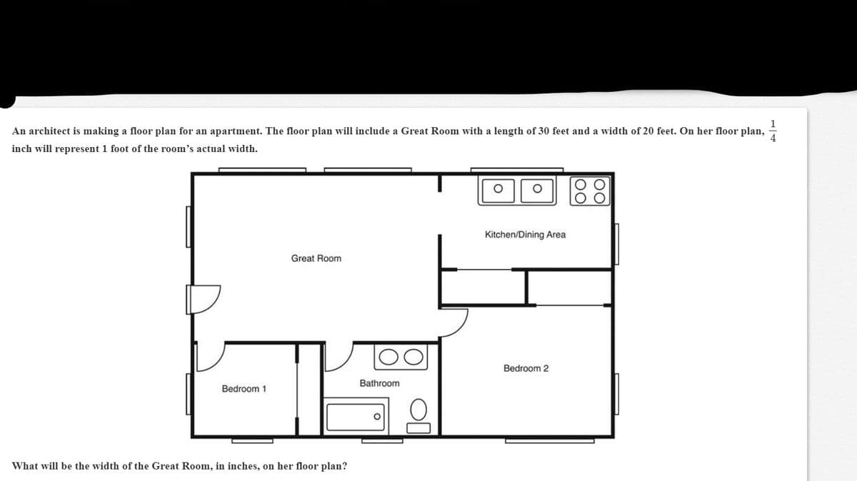 An architect is making a floor plan for an apartment. The floor plan will include a Great Room with a length of 30 feet and a width of 20 feet. On her floor plan, -
inch will represent 1 foot of the room's actual width.
Kitchen/Dining Area
Great Room
Bedroom 2
Bathroom
Bedroom 1
What will be the width of the Great Room, in inches, on her floor plan?
00
