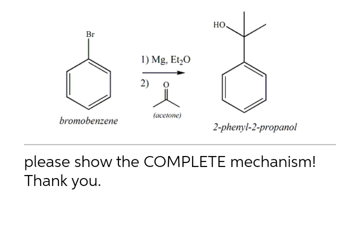 Br
bromobenzene
1) Mg, Et₂O
2)
(acetone)
HO.
2-phenyl-2-propanol
please show the COMPLETE mechanism!
Thank you.