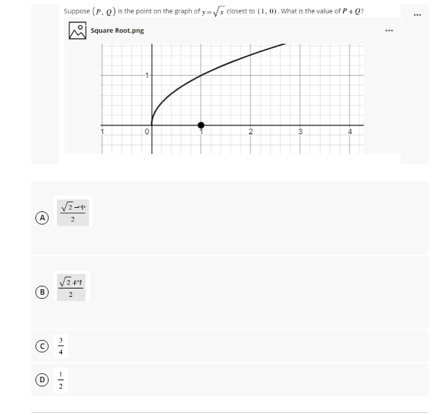 Suppose (P. Q) is the point on the graph of yVx closest to (1, 0). What is the value of P+ Q?
Square Root.png
2
(A
D
2
