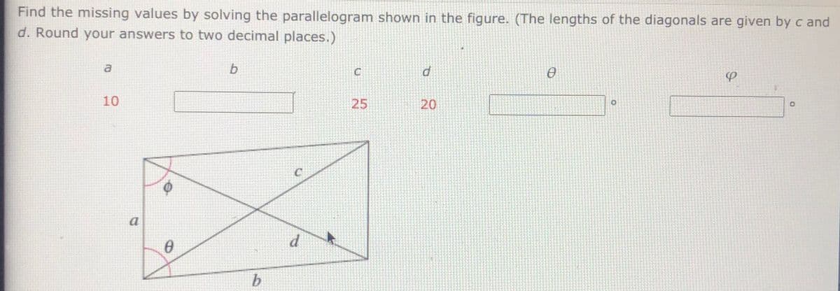 Find the missing values by solving the parallelogram shown in the figure. (The lengths of the diagonals are given by c and
d. Round your answers to two decimal places.)
10
25
20
a
b.
