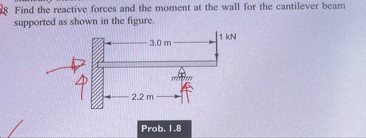 8 Find the reactive forces and the moment at the wall for the cantilever beam
supported as shown in the figure.
2.2 m
1 kN
3.0 m
Prob. 1.8