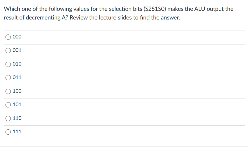 Which one of the following values for the selection bits (S2S1SO) makes the ALU output the
result of decrementing A? Review the lecture slides to find the answer.
000
001
010
011
100
101
O 110
O 111
