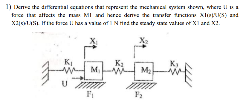 1) Derive the differential equations that represent the mechanical system shown, where U is a
force that affects the mass M1 and hence derive the transfer functions X1(s)/U(S) and
X2(s)/U(S). If the force U has a value of 1 N find the steady state values of X1 and X2.
X2
K1
М
K2M2
K3
U
F1
F2

