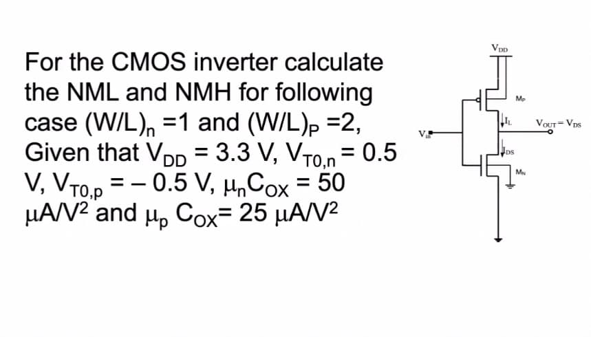 Vpp
For the CMOS inverter calculate
the NML and NMH for following
case (W/L), =1 and (W/L), =2,
Given that VpD = 3.3 V, VTO.n= 0.5
V, VTO,p =
µA/V? and µ, Cox= 25 µA/V2
Mp
VOUT = VDs
- 0.5 V, µ,Cox = 50
