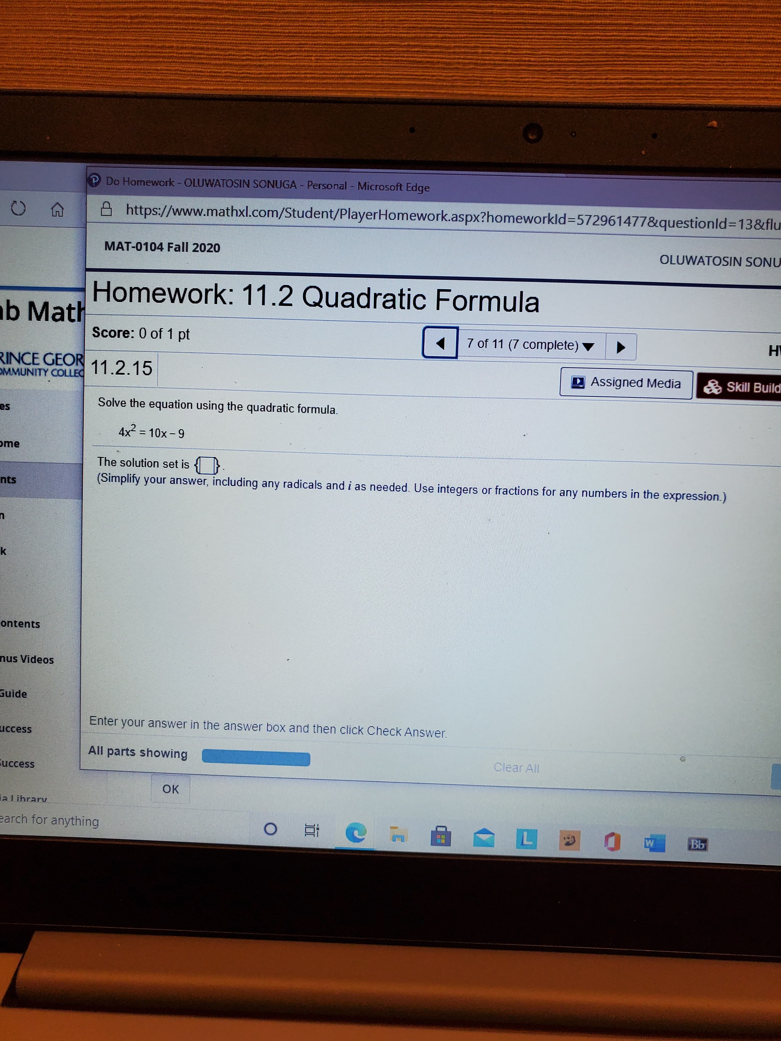 Solve the equation using the quadratic formula.
4x2 = 10x-9
The solution set is {
(Simplify your answer, including any radicals and i as needed. Use integers or fractions for any numbers in the expression.)
