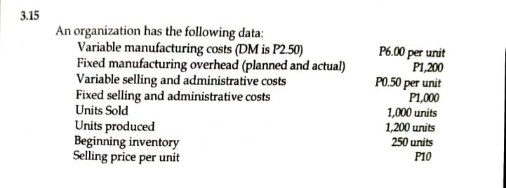 3.15
An organization has the following data:
Variable manufacturing costs (DM is P2.50)
Fixed manufacturing overhead (planned and actual)
Variable selling and administrative costs
Fixed selling and administrative costs
Units Sold
Units produced
Beginning inventory
Selling price per unit
P6.00 per unit
P1,200
PO.50 per unit
P1,000
1,000 units
1,200 units
250 units
P10
