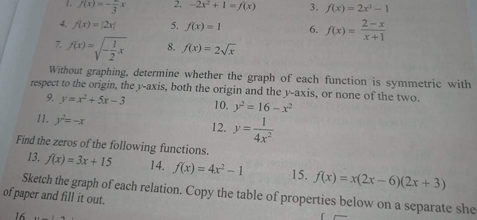 2. -2r + 1 =f(x)
3. f(x) = 2x - 1
1. x) =-*
2-x
4. Ax) = |2x
5. f(x) = 1
6. f(x) =
x+1
7. Ax) =
2.
8. f(x) = 2x
Without graphing, determine whether the graph of each function is symmetric with
respect to the origin, the y-axis, both the origin and the y-axis, or none of the two.
9. y=x + 5x –3
10. y = 16-x
11. y=-x
1
12. y=-
4x2
Find the zeros of the following functions.
13. f(x) = 3x + 15
14. f(x) = 4x -1
15. f(x) = x(2x -6)(2x + 3)
%3D
%3D
Sketch the graph of each relation. Copy the table of properties below on a separate she
of paper and fill it out.
16
