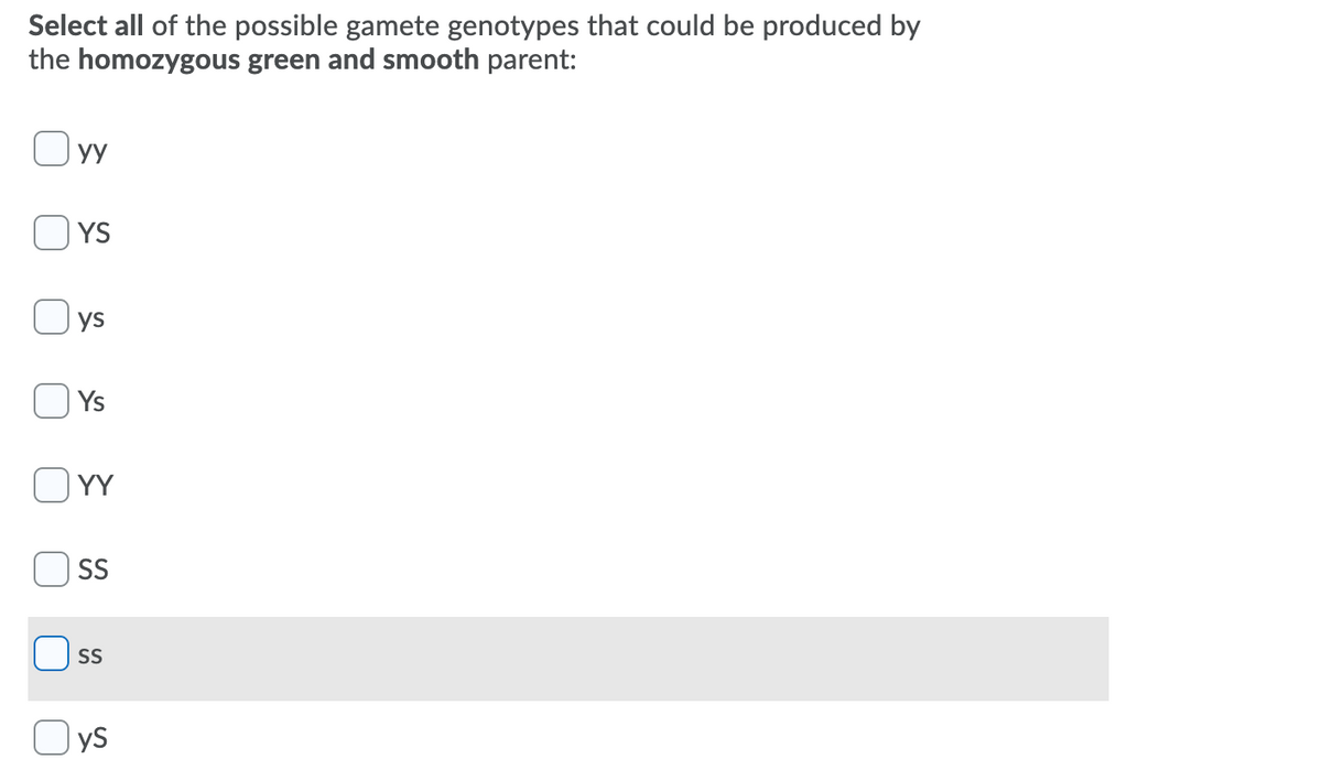 Select all of the possible gamete genotypes that could be produced by
the homozygous green and smooth parent:
УУ
YS
Oys
Ys
YY
SS
SS
yS
