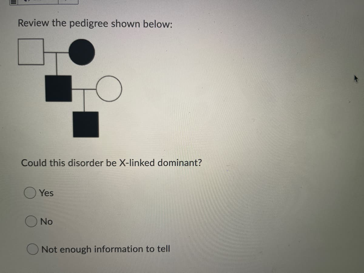 Review the pedigree shown below:
Could this disorder be X-linked dominant?
Yes
O No
O Not enough information to tell
