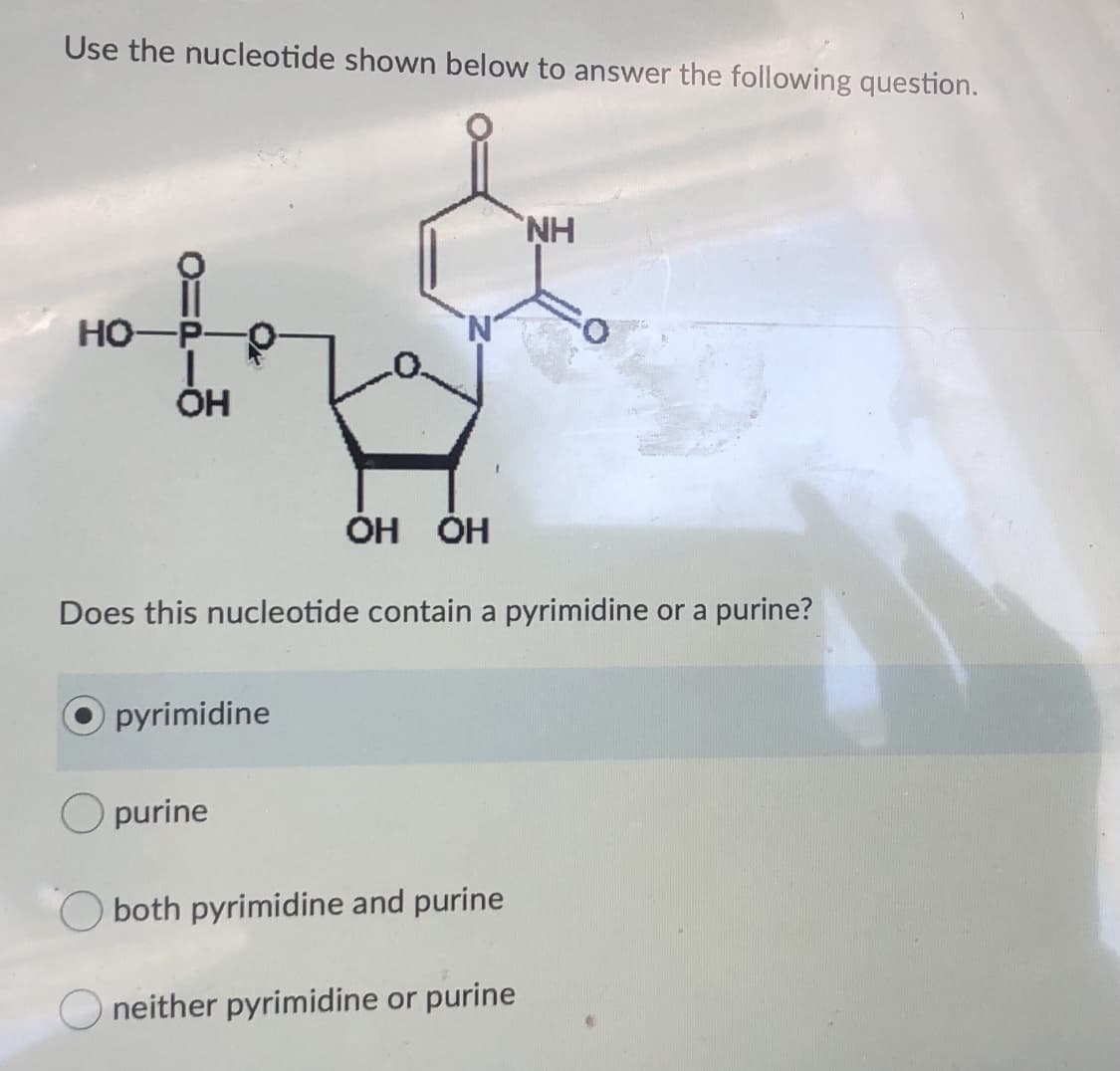Use the nucleotide shown below to answer the following question.
но-
ÓH
OH OH
Does this nucleotide contain a pyrimidine or a purine?
O pyrimidine
O purine
O both pyrimidine and purine
neither pyrimidine or purine
