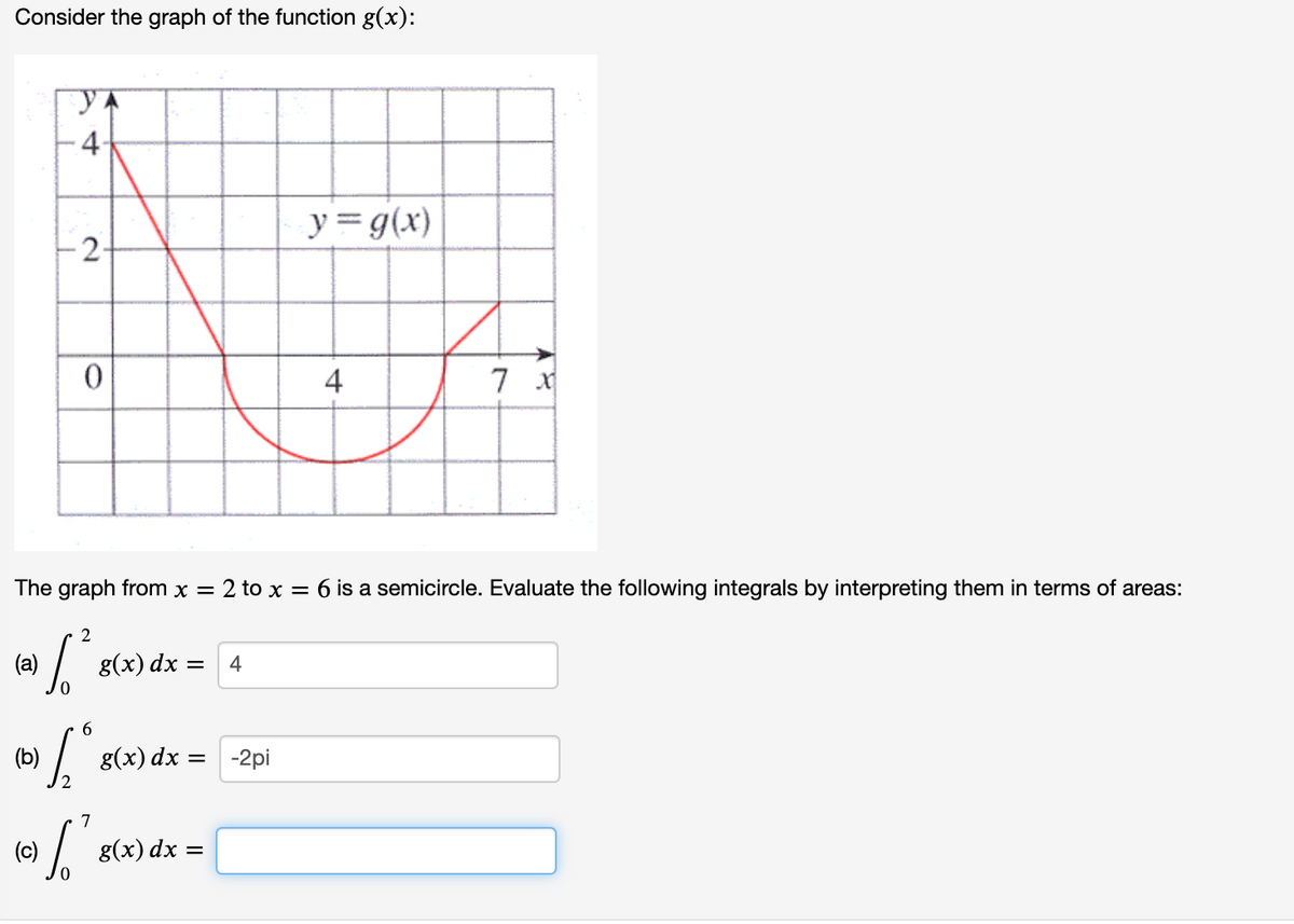 Consider the graph of the function g(x):
4
y=g(x)
-2-
4
The graph from x = 2 to x = 6 is a semicircle. Evaluate the following integrals by interpreting them in terms of areas:
(a)
g(x) dx :
4
(b)
g(x) dx =
= -2pi
7
(c)
g(x) dx =
