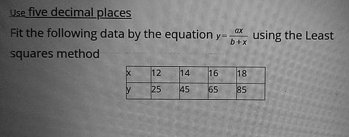 Use five decimal places
Fit the following data by the equation y=
ax
using the Least
b+x
squares method
12
14
16
18
25
45
65
85
