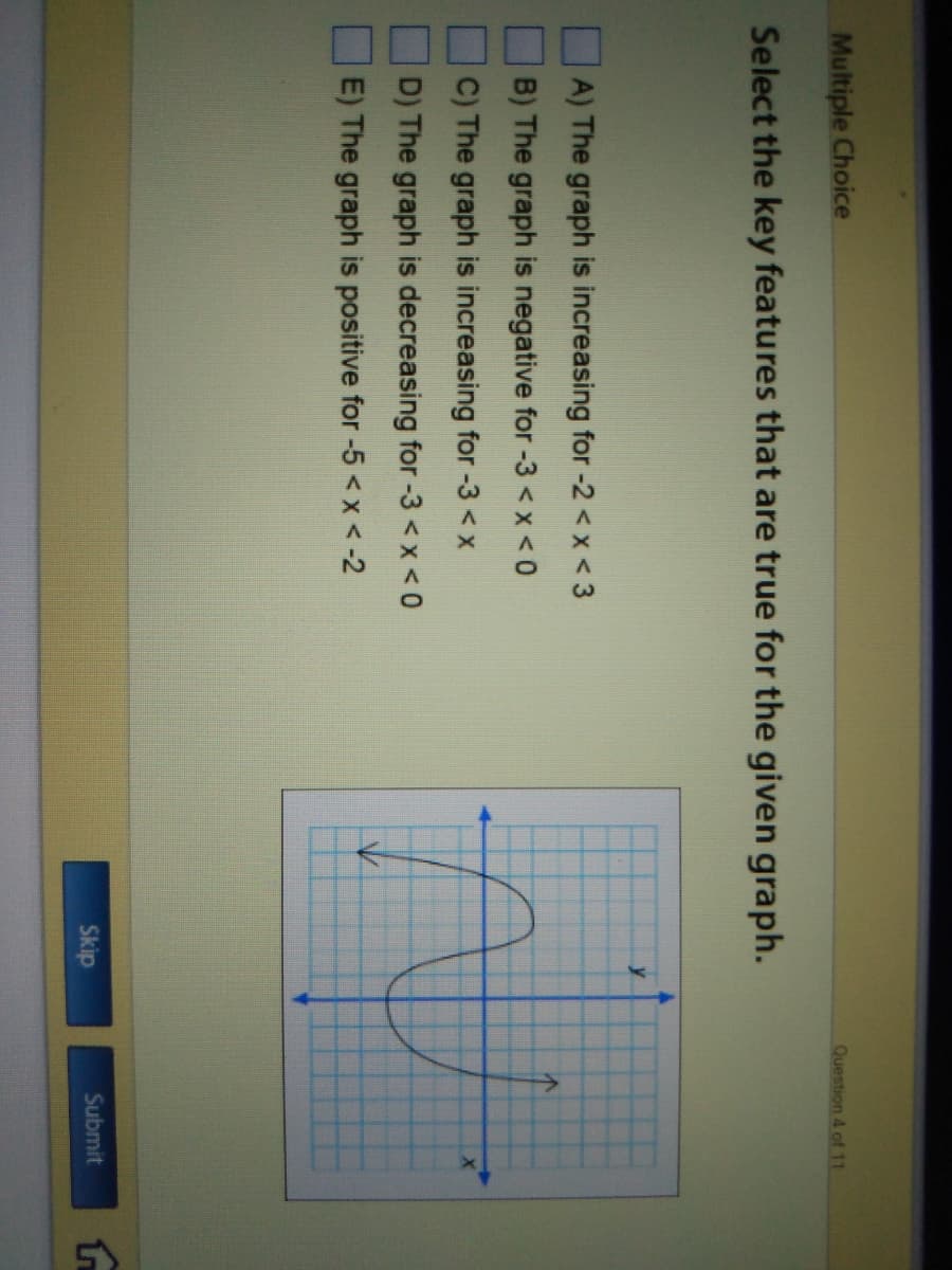 Multiple Choice
Question 4 of 11
Select the key features that are true for the given graph.
A) The graph is increasing for -2 < x < 3
B) The graph is negative for -3 <x < 0
C) The graph is increasing for -3 < x
D) The graph is decreasing for -3 <x < 0
E) The graph is positive for -5 <x < -2
Skip
Submit
