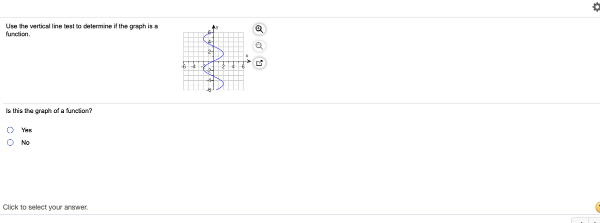 Use the vertical line test to determine
the graph is a
Ay
function.
4
Is this the graph of a function?
Yes
No
Click to select your answer.
