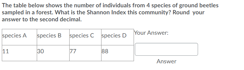 The table below shows the number of individuals from 4 species of ground beetles
sampled in a forest. What is the Shannon Index this community? Round your
answer to the second decimal.
species A
species B species C species D
Your Answer:
11
30
77
88
Answer
