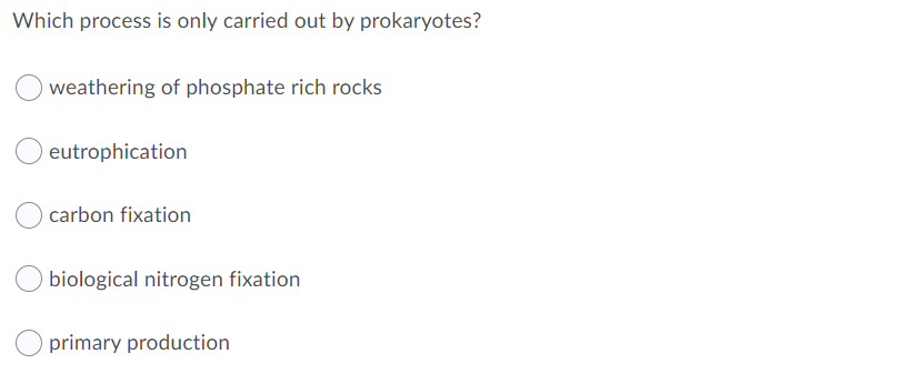 Which process is only carried out by prokaryotes?
weathering of phosphate rich rocks
eutrophication
carbon fixation
biological nitrogen fixation
primary production
