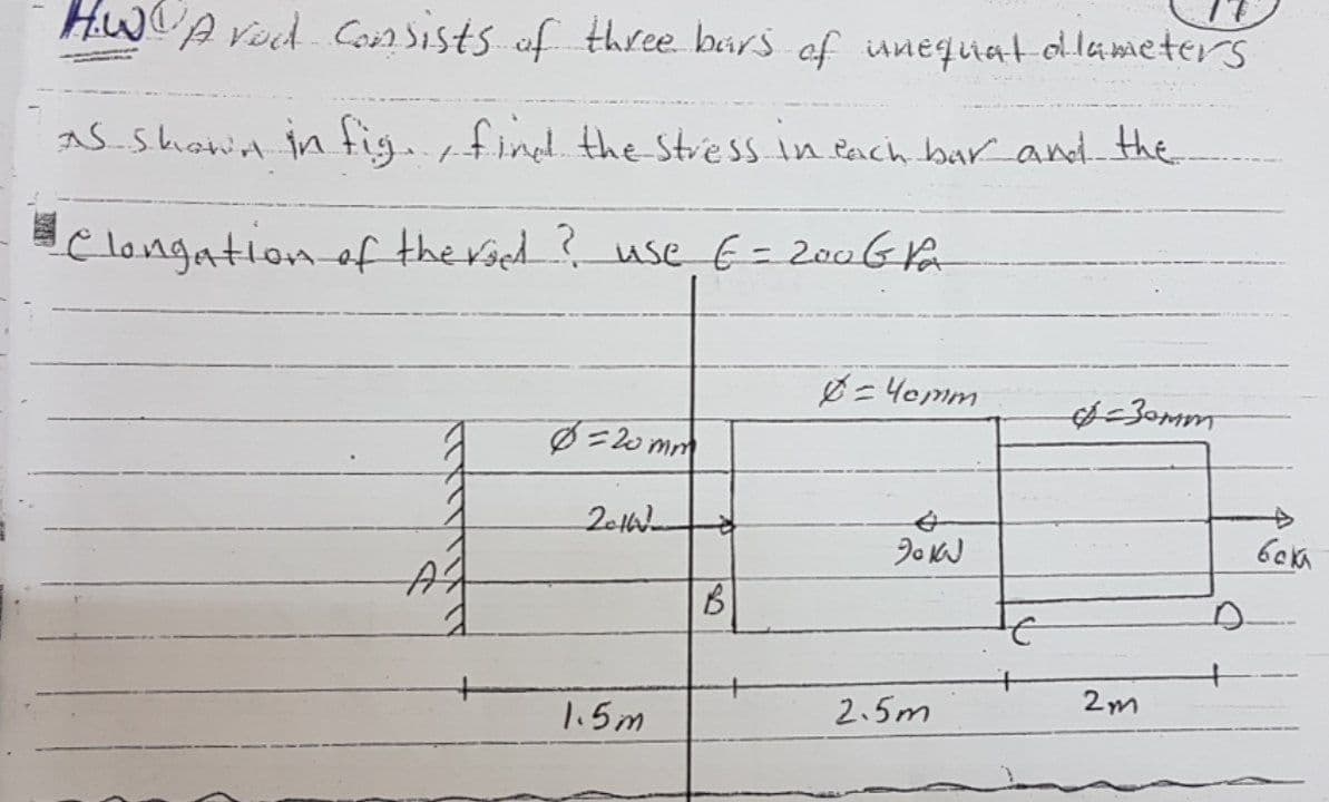 HWA vod Coasists of three bars of unequat dlameters
AS.Shawn in fig..find the Stress in each bur and. the
lC longationaff the rsed ? use E=200Ga
%3D
Ø=4omm
4-30mm
の-2o mt
2eth
B
1.5m
2.5m
2m
