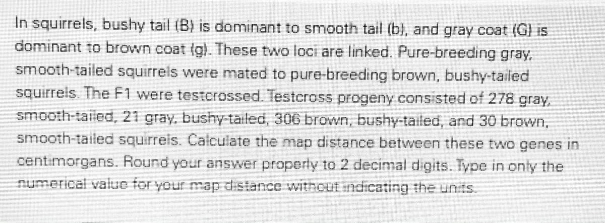 In squirrels, bushy tail (B) is dominant to smooth tail (b), and gray coat (G) is
dominant to brown coat (g). These two loci are linked. Pure-breeding gray,
smooth-tailed squirrels were mated to pure-breeding brown, bushy-tailed
squirrels. The F1 were testcrossed. Testcross progeny consisted of 278 gray,
smooth-tailed, 21 gray, bushy-tailed, 306 brown, bushy-tailed, and 30 brown,
smooth-tailed squirrels. Calculate the map distance between these two genes in
centimorgans. Round your answer properly to 2 decimal digits. Type in only the
numerical value for your map distance without indicating the units.
