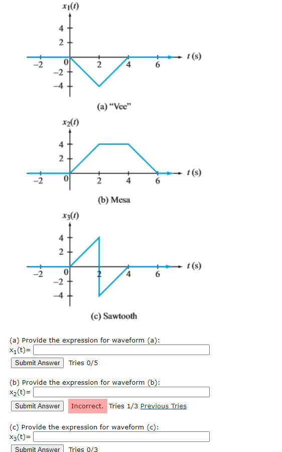 x1(t)
4
t (s)
2
6
-2
(a) “Vee"
x2(1)
4
t (s)
(b) Mesa
x3(!)
4
2
t (s)
6
-2
(c) Sawtooth
(a) Provide the expression for waveform (a):
X1(t)= |
Submit Answer Tries 0/5
(b) Provide the expression for waveform (b):
X2(t)= |
Submit Answer Incorrect. Tries 1/3 Previous Tries
(c) Provide the expression for waveform (c):
X3(t)=
Submit Answer Tries 0/3
+
2.
