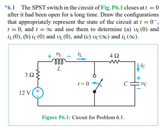 *6.1 The SPST switch in the circuit of Fig. P6.1 closes at i = 0
after it had been open for a long time. Draw the configurations
that appropriately represent the state of the circuit at 1 = 0¬,
1 = 0, and t = ∞ and use them to determine (a) vc(0) and
iL(0), (b) ic(0) and vL (0), and (c) vc(∞) and iL(∞0).
İL
Ta
ll
4Ω
ic
3 Q ;
+
t = 0
12 V (+
Figure P6.1: Circuit for Problem 6.1.
