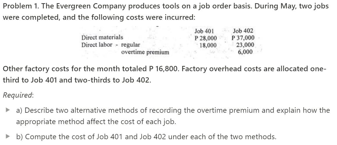 Problem 1. The Evergreen Company produces tools on a job order basis. During May, two jobs
were completed, and the following costs were incurred:
Job 402
Direct materials
Direct labor
Job 401
P 28,000
18,000
P 37,000
23,000
regular
overtime premium
6,000
Other factory costs for the month totaled P 16,800. Factory overhead costs are allocated one-
third to Job 401 and two-thirds to Job 402.
Required:
a) Describe two alternative methods of recording the overtime premium and explain how the
appropriate method affect the cost of each job.
▸ b) Compute the cost of Job 401 and Job 402 under each of the two methods.