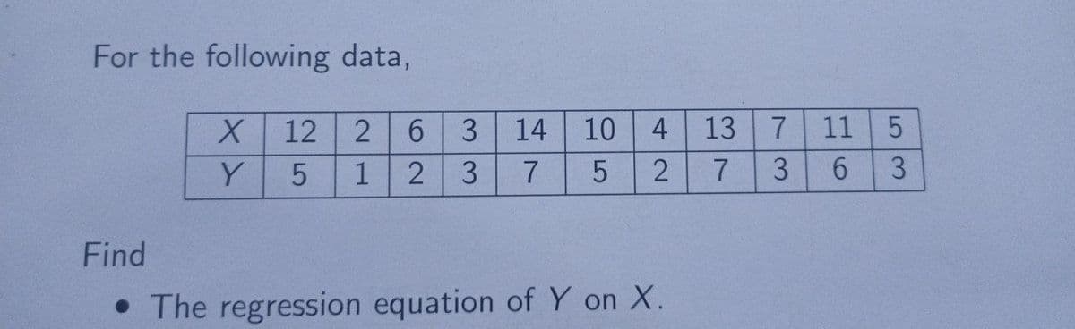 For the following data,
12
14
10
4
13
11 5
Y
5
2
7
Find
• The regression equation of Y on X.
3.
6
73
33
62
