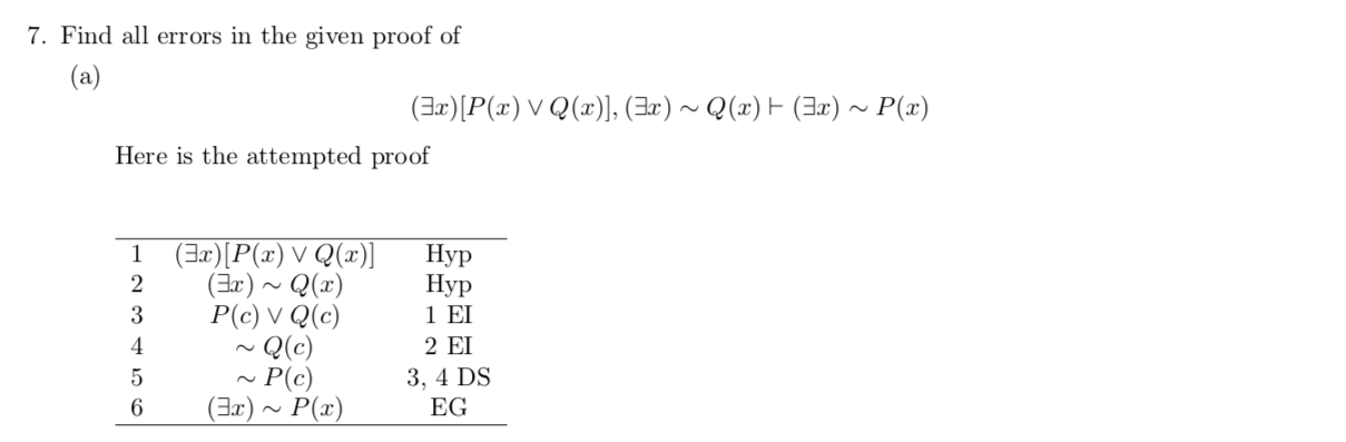 7. Find all errors in the given proof of
(a)
(Ear)P(r) V Q(), (Ear') ~Q(x)
(Ia)~ P(x)
Here is the attempted proof
(ErP(x) V Q(r)]
2
Нур
Нур
1 ΕΙ
2 ΕΙ
1
(Er)Q(x)
P(c) V Q(e)
Q(c)
P(c)
(Ear)~P(x)
3
4
3, 4 DS
EG
6
