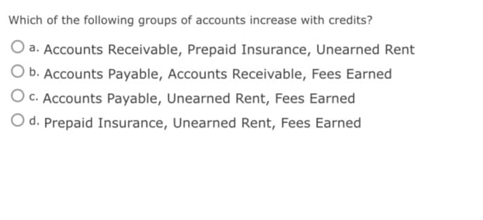 Which of the following groups of accounts increase with credits?
O a. Accounts Receivable, Prepaid Insurance, Unearned Rent
O b. Accounts Payable, Accounts Receivable, Fees Earned
O c. Accounts Payable, Unearned Rent, Fees Earned
O d. Prepaid Insurance, Unearned Rent, Fees Earned
